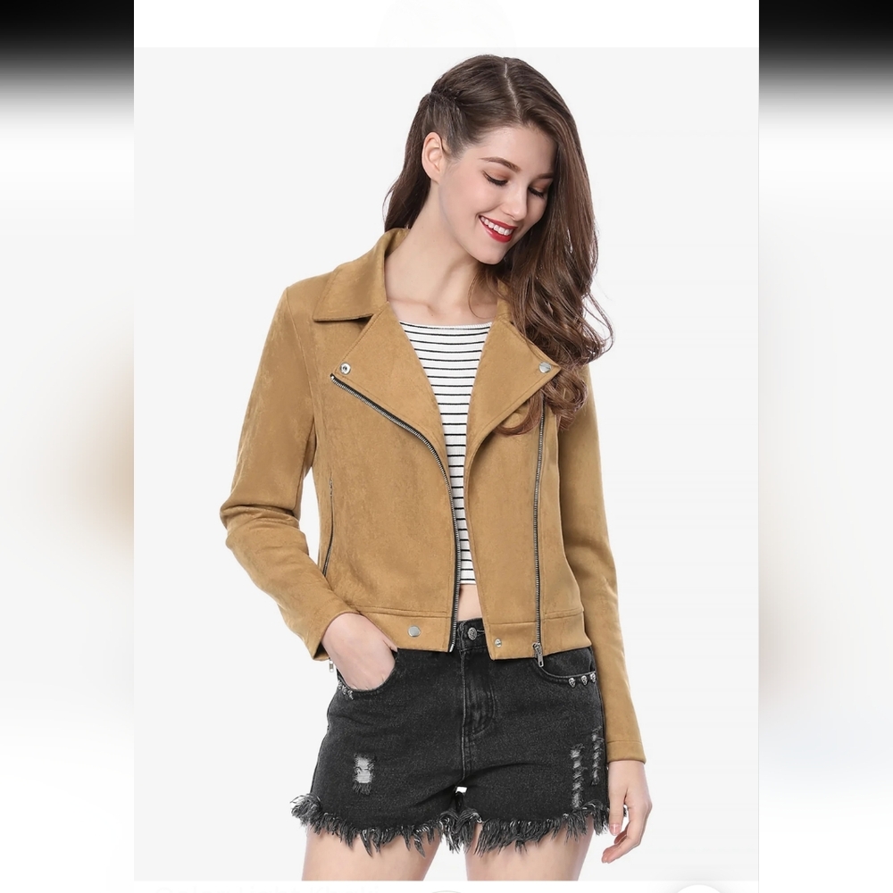 Allegra k Faux Suede Casual Short Soft Zip Up Biker Moto Jacket